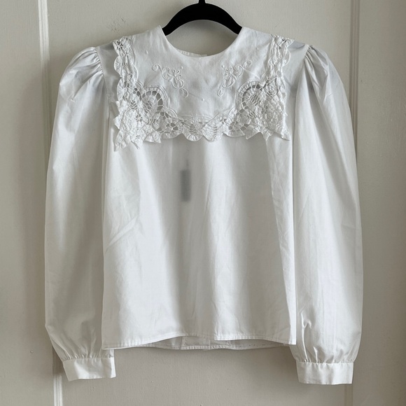 Vintage Tops - Vintage 80s Square Lace Sailor Collar Cotton Blend Blouse Back Button Top XS/S